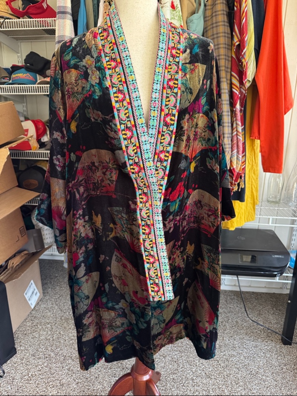 Johnny Was Black Velvet Kimono Jacket with Multicolor Floral Trim